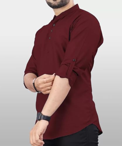 Image of DEEMOON Men's Regular Fit Solid Sprad Collar Casual Shirt with a Trendy Mandarin Collar Crafted from a Premium Cotton Blend