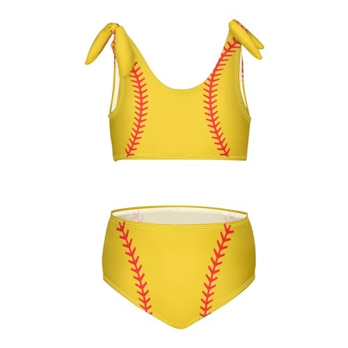 QUGRL Yellow Baseball Stitched Girls Swimsuit Bikini Set Softball Kids Bathing Suits for Girls 2 Piece Bowknot Swimwear Tankini Hawaiian 7-8 Years
