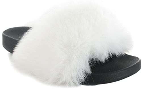 ella Ladies Faux Fur Sliders Fluffy Summer Sandals Luxury Slip On Mules Slippers (Cream, UK 6)