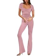 Lrady Women's 2 Piece Lounge Outfits Sets Square Neck Short Sleeve Crop Tops and Fold Over Flare ...