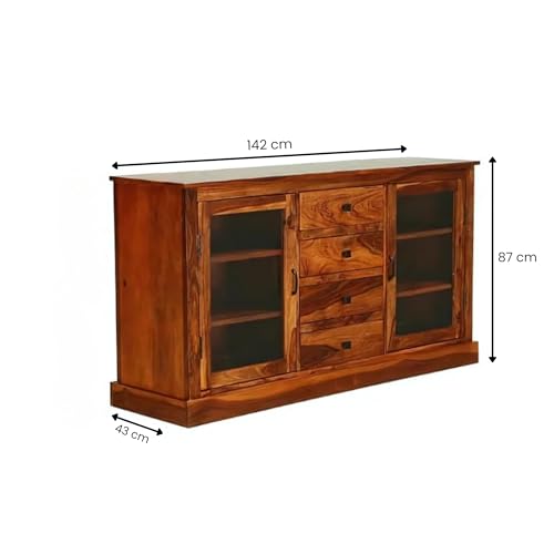Image of SONA ART & CRAFTS Solid Sheesham Wood Sideboard Cabinet Storage Organizer with 4 Drawer & 2 Glass Door Crockery Cabinet for Home Kitchen Living Room & Bedroom Shelves Cabinets Hallway (Honey Finish)