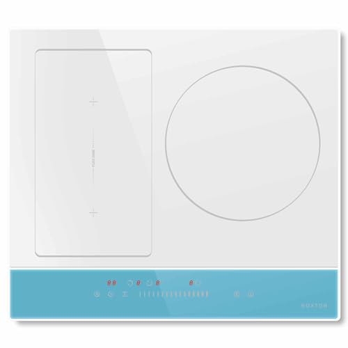 NOXTON Placa Inducción 3 Fuegos 60 cm Con Cristal Blanco Y Panel De Control Azul, Flex Zonas Con Deslizador, Boost, Temporizador, Bloqueo Para Niños, 6800W