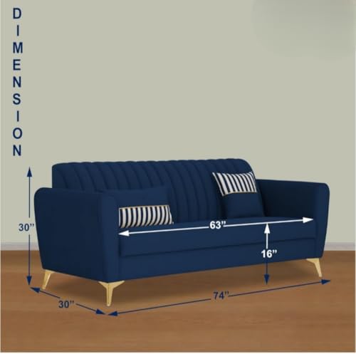 Image of MS Luxury FURNITRE Premium Luster 3-1-1 Sofa Set | Velvet Suede Fabric | 5 Colors and Golden Legs & Striped Pattern Cushion wit Centre tabule Free (Blue, 3 seatar)