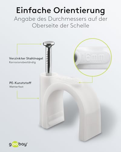 goobay 17085 Kabelschelle 100er Set / Kabelhalterung zur Kabel Befestigung bis zu 16mm Durchmesser / Kabelklemme mit Nagel für Wand, Türrahmen, Ecken und Aufputz / 100 Stück / Weiß