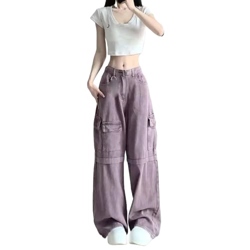 Salopette jeans rétro violette pour femme à jambe large et taille haute