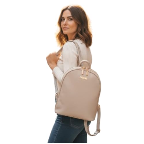 Mochila Feminina Couro PU Elegante Com 2 Divisórias Bolso Antifurto Média Alça Tiracolo Ideal para Dia a Dia Trabalho Estudo Viagem (Bege)
