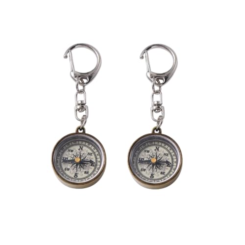 2 piezas brújula metálica vintage de aleación de zinc dorada con cadena y llavero para camping, herramientas de navegación miniatura 1