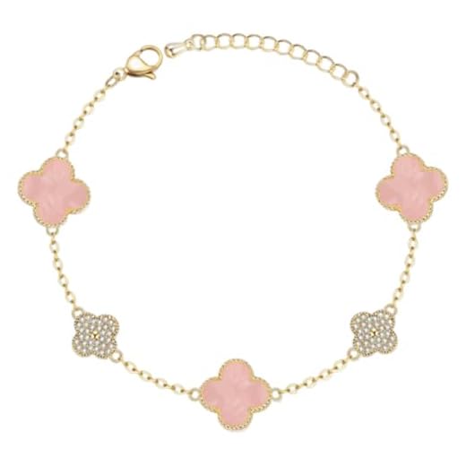 AOWVUTS Vierblättriges Kleeblatt Armband 14K Vergoldet Kleeblatt Armband mit Cubic Zirkonia Verstellbare Stapelbare Glücksarmband Gold Schmuck Geschenk für Damen Frauen Mädche (Rosa)