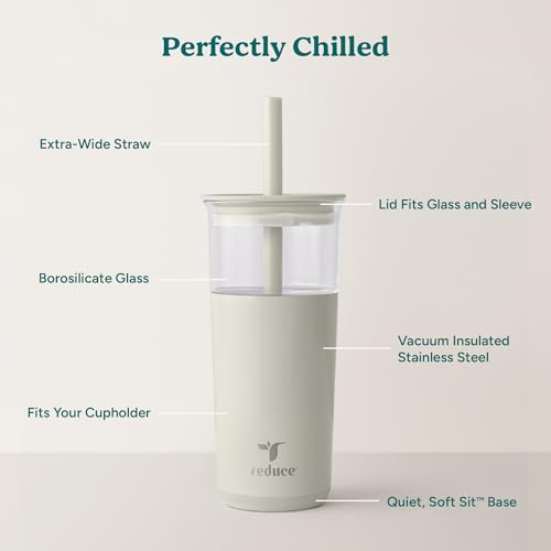 Image of REDUCE Aspen 20 oz Vacuum Insulated Glass Tumbler with Lid & Extra Wide Straw - Keeps Drinks Cold for 12 Hrs - Ideal for Iced Coffee, Smoothies & Boba - Dishwasher Safe, Soft Base - Unbleached