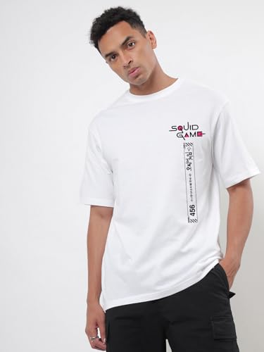 Image of Bewakoof X Squid Game Men's Cotton Graphic Print Oversized Fit Half Sleeve Round Neck T-Shirt | Casual Wear | Street Wear | Oversized t Shirt for Men Cotton | Baggy