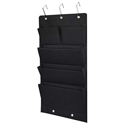 Over the Door File Organizer with 5 Pockets Metal Hooks Wall Mount Home Office Hanging Storage Bag for File Folder, Books, Magazine, Letters, Notebook, Stationery