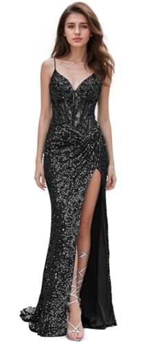 CYJJYZ Sparkly Sequin Prom Dresses for Women 2025 Spaghetti Strap Lace Appliques Mermaid Long Formal...