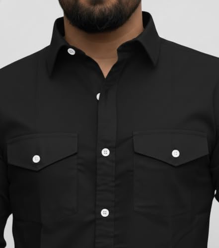 Image of DEELMO Men's Classic Cotton Blend Slim Fit Shirt || Full Sleeve Button-Down Casual Shirt with Dual Flap Pockets || Soft Breathable Fabric || Ideal for Office Party and Everyday Wear
