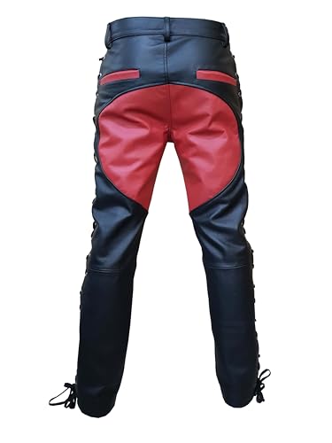 Mens Black Red Genuine Leather Biker Pants - Real Cowhide Premium Quality Lace Side Sexy2