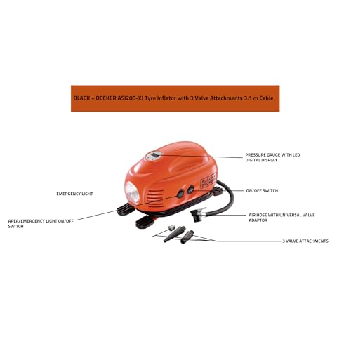 Image of BLACK + DECKER ASI200-XJ Tyre Inflator, 8.27 bar / 120 PSI Compressor with 12 V Cigarette Lighter Socket Digital Display Automatic Shut-Off with 3 Valve Attachments 3.1 m Cable