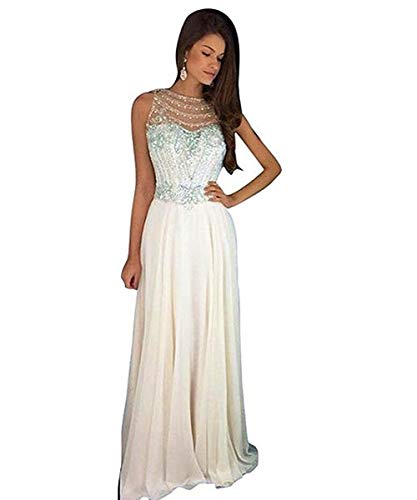 Amazon.com: Lemai Sheer Back Beaded Long A Line Chiffon Prom Dresses  Evening Formal Gowns Beige US 2 : Clothing, Shoes & Jewelry