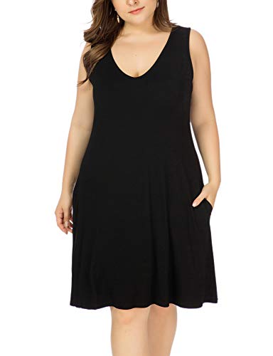 Image of Women Plus Size V Neck Sleeveless Floral Print Pocket T Shirt Dresses Casual Midi Tank Dress Beach Cover up Sundress (XL-5X)