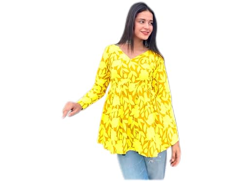 Image of Women's Floral Print Reyon Peplum Top - Casual Loose Fit 3 /4 Sleeve Tunic top, Stylish V-Neck Flared Kurti, Comfortable Everyday Wear