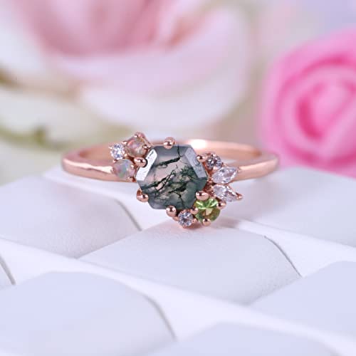 moss agate peridot opal and diamond cluster ring art deco engagement ring rose gold plated gift for wife by kanishka gems jewels3