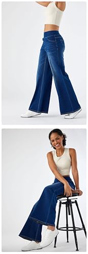 Womens Elastic Waist Jeans, Womens Straight Leg Sweatpants, High Waisted Stretchy Pull On Wide Leg Denim Pants with Pockets3