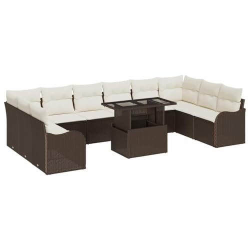 vidaXL Conjunto de sofá de jardín 11 pcs Marrón Rattan de Poliéster, Sofá Moderno de ratán para jardín y terraza, Mueble Exterior Modular, Resistente al Clima, ¡relájate en el Patio
