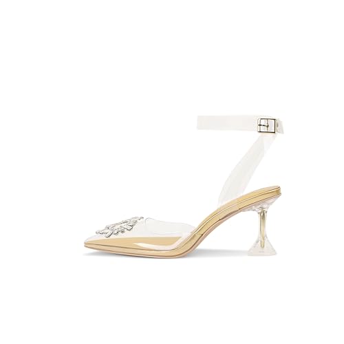 Image of Fericzot Women's Clear Heels Shoes,Slingback Crystal Rhinestones Wedding Pointed Toe Shoes High Heel Sandals