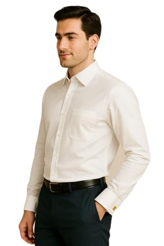 Image of Men's Premium Cotton Formal Dress Shirt - White Collar & French Cuffs with Cufflinks | Solid White, Micro Check & Striped for Office, Wedding