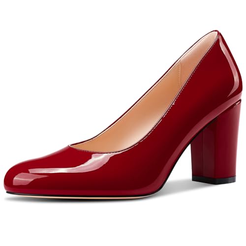 Castamere Womens High Chunky Block Heel Round Toe Pumps Slip-on Prom Dress Patent Leather 3.2 Inches Heels Cobalt Blue by Castamere