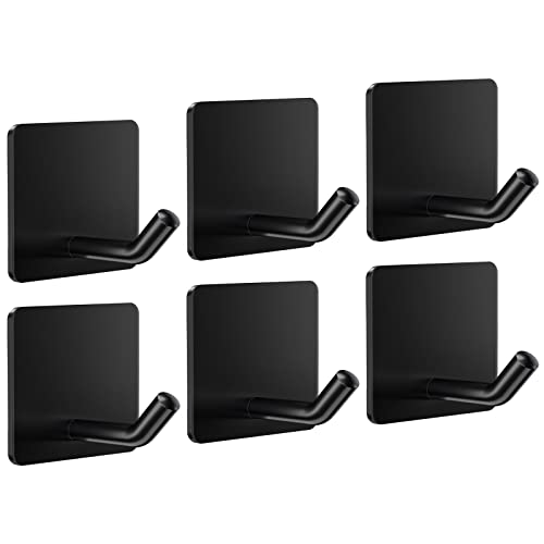 Aikzik 6 ganchos autoadhesivos para toallas de baño, sin agujeros, acero inoxidable, ganchos para albornoz, ganchos de pared, baño y cocina, color negro Cover