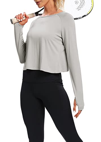 Bestisun Mulheres Treino Atlético Dry Fit Manga Comprida Costas Abertas Camisas de Treino Top de Iog