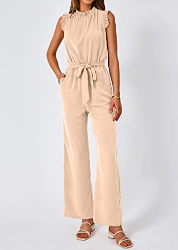 Kirundo Jumpsuits For Women Dressy One Piece Sleeveless Ruffle Mock Neck Belted Formal Wide Leg Pants Romper With Pockets(Khaki, Small) #TOP1