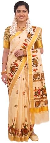Women's Printed Kerala Gold Tissue Saree with Running Blouse
