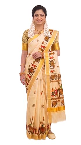 Image of Women's Mural Printed Kerala Gold Tissue Saree with Running Blouse Piece | Traditional South Indian Ethnic Saree for Festivals, Weddings & Special Occasions