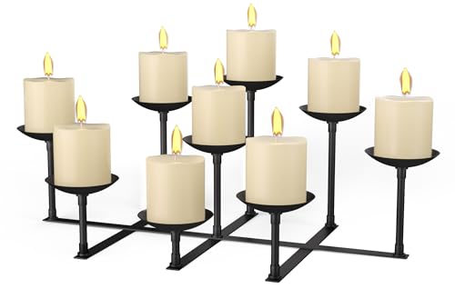 Tuohours Fireplace Candle Holder Stand with 9 Wax Pillar Plates Black