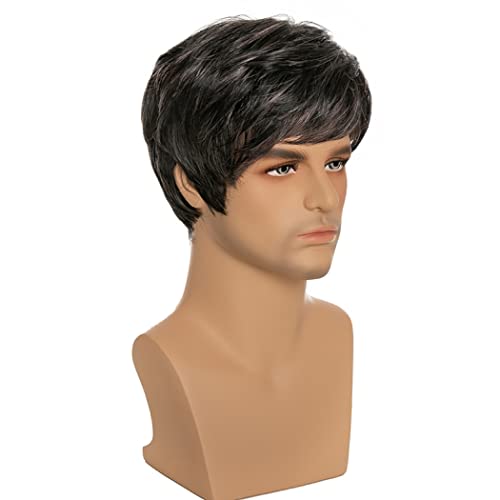 AIYLMZ Short Black Straight Synthetic Side Part Wigs for Men with Bangs Hair Toupee for Middle Aged Man Natural Stylish Fluffy Layered Wigs Men's Hairpieces (Black) - Image 3