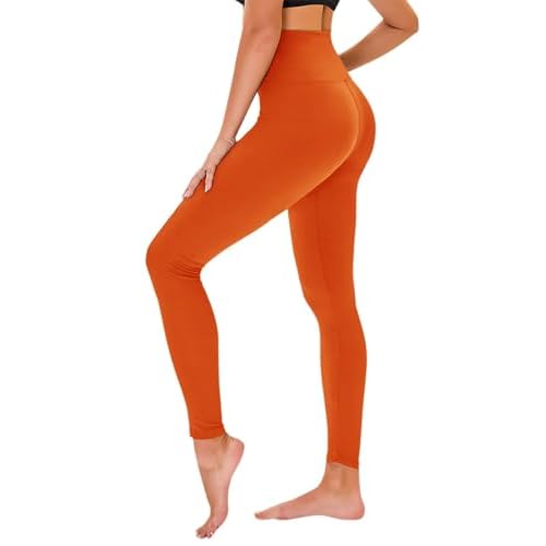High Waisted Leggings for Women - No See Through Tummy Control Cycling Workout Yoga Pants with Pockets Reg & Plus No Pocket Small-Medium A-neon Orange