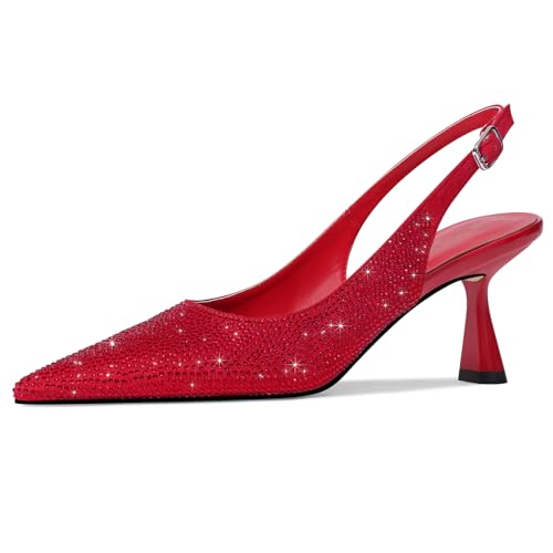 Image of LOCERICH Women's Kitten Heels Slingback Low Heel Dress Shoes Closed Toe Pumps Rhinestone Pointed Toe Sparkly Sling Back Bridal Wedding Party