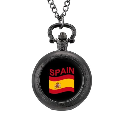 Reloj de bolsillo vintage de la bandera de España con colgante de aleación, collar de regalo para hombres y mujeres, Estilo negro, talla única Reloj de bolsillo vintage de la bandera de España con colgante de aleación, collar de regalo para hombres y mujeres, Estilo negro, talla única