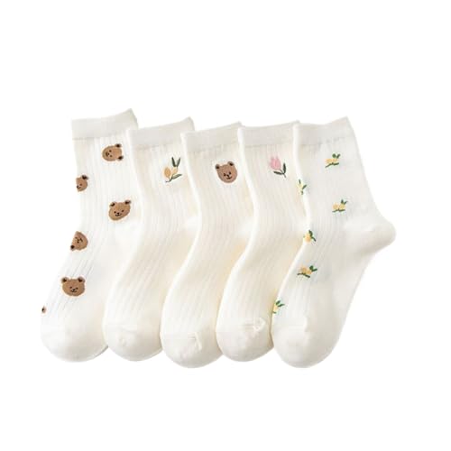 Image of 5 Pair Cute White Ruffle Ankle Socks - Women's Cottagecore Floral Crew Socks in Japanese Aesthetic Cotton