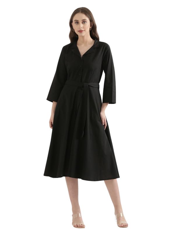 Image of SAADAA Women Cotton-Linen Blend Flared Dress | Midi Dress with 3 /4 Sleeves, Adjustable Waist Belt & Pockets | Below Knee Casual Dress for Office, Travel & Everyday Wear