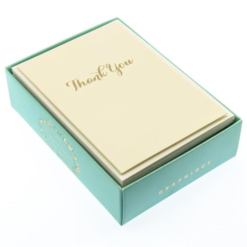 Image of Graphique Script La Petite Presse Boxed Thank you Notes - 10 Embossed and Embellished Gold Foil Cursive Thank You Cards with Matching Envelopes, 3.25 inch inch x 4.75