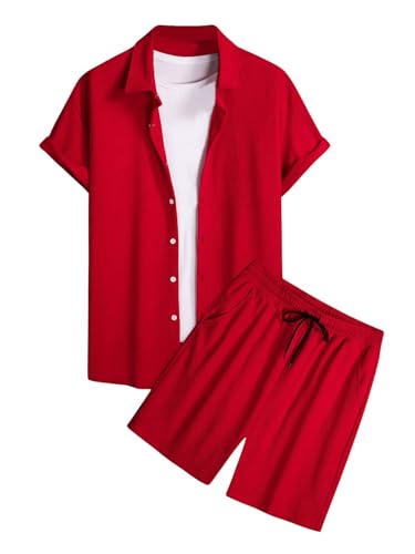 VIPWOLF Men's 2 Piece Short Set Short Sleeve Button Down Shirts and Drawstring Track Shorts Beach Outfits Red Large