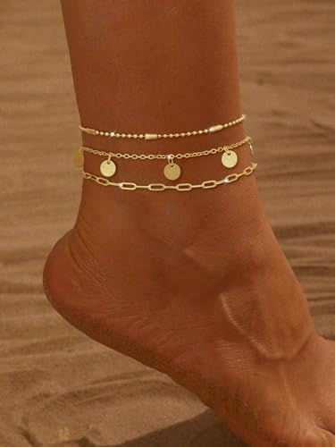 Image of Gold Ankle Bracelets for Women,14k Gold /Silver Plated Waterproof Layered lightweight Cuban Link Figaro Chain Heart anklet Bracelets Set Gold Anklets for women Trendy Jewelry Gift