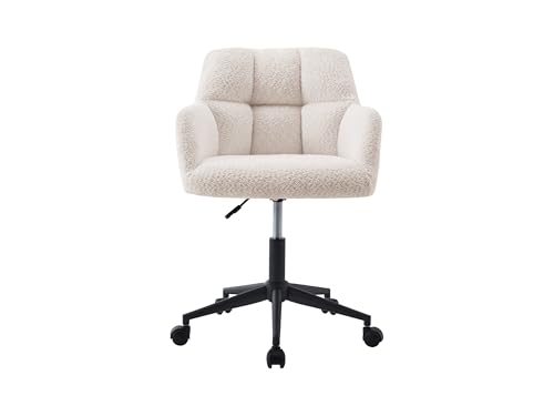 Image of Finch Fox Battle Modern 360 Swivel Mid-Back Armrest Boucle Fabric Study Upholstered Black Metal Powder Coated Base Study Computer Office Desk Chair in Cream Color