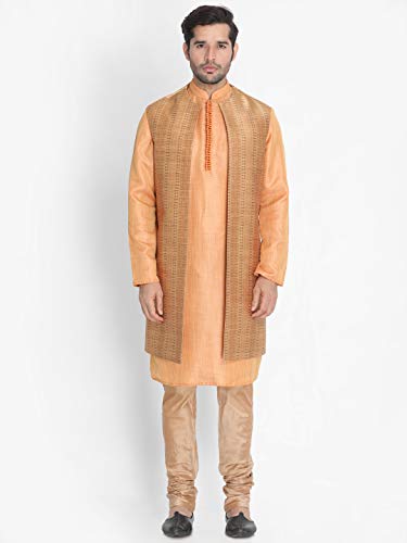 Image of VASTRAMAY Men's Beige Cotton Silk Blend Kurta, Ethnic Jacket and Pyjama Set