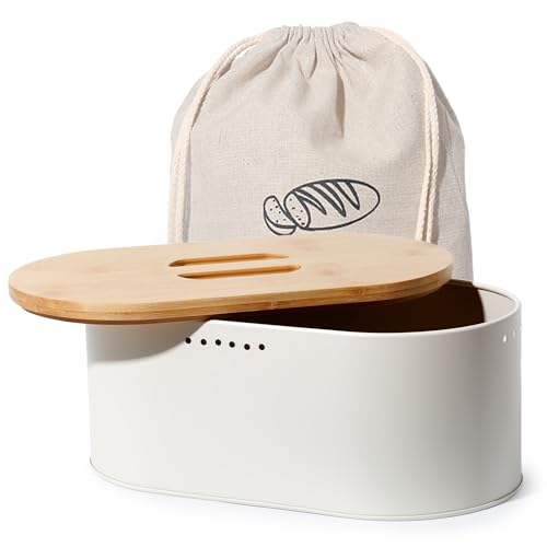 SYLANDO Brotkasten mit Großer Kapazität, Hochwertige Metall Brotbox, Die Aufbewahrung für noch länger frisches Brot, Deckel aus Ökologisches Bambus (Beige)