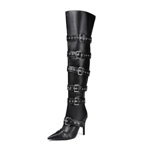 Bapolee Black Side Buckle Over The Knee High Boots For Women Sexy Fashion Pointed Toe Zipper Leather Stiletto Thigh High Boots (Black,9)