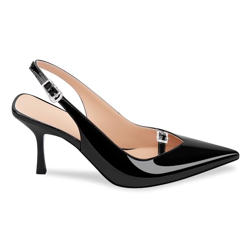 High Heel Pointed Toe Slingbacks Pump Rhinestone Buckle Patent Leather Dress Shoes4
