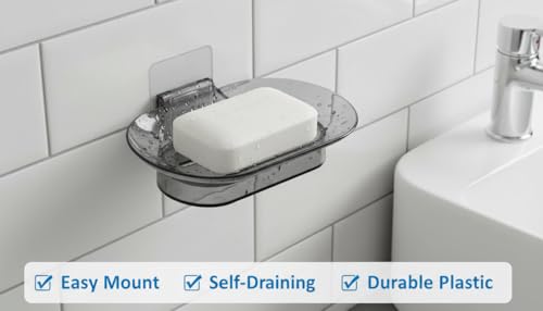 Image of Kroywen Light Luxury Wall Mounted Storage Transparent Soap Box for Bathroom and Household Use, No Punching, Drainage, Thick Soap Box (Black Havy Soap Dish)