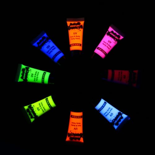 Bowitzki UV Neon Face Body Paint 8 Tubes 0.34oz Liquid Kit Black Light Glow in The Dark Makeup Set Fluorescent Painting for Adults Kids Music Festivals Party Halloween Christmas - Thumbnail 5